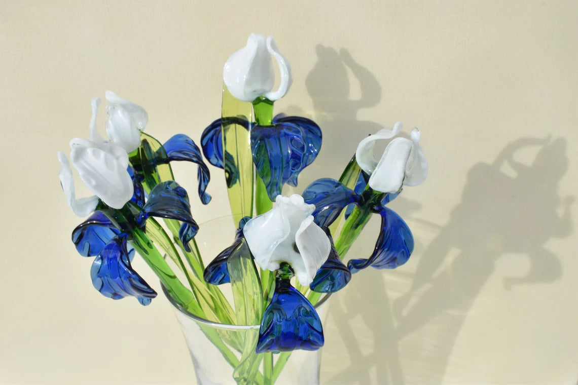 Blue-White Iris long-stem glass flower