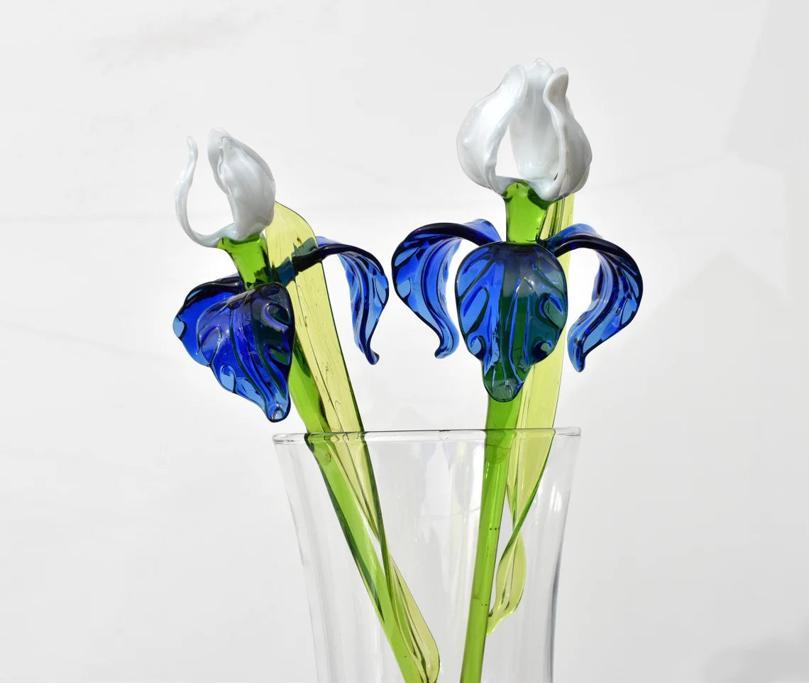 Blue-White Iris long-stem glass flower